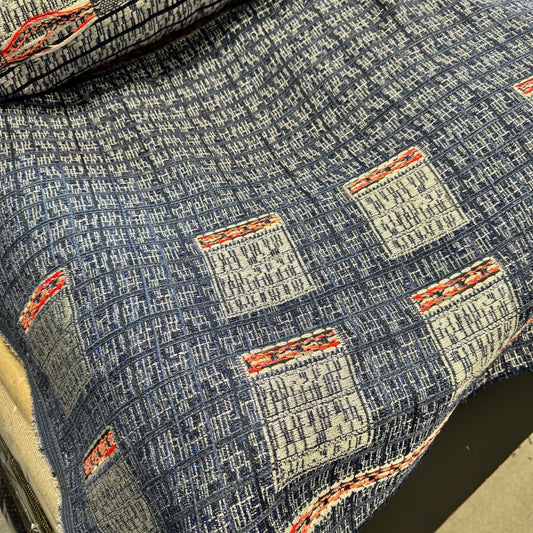 Indigo denim fabric with white shibori tie-dye pattern, from a fabric shop in Nippori Textile Town, Tokyo