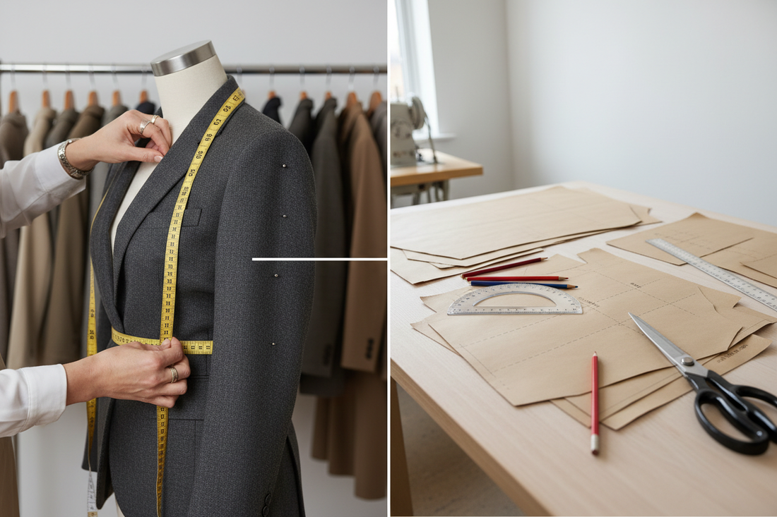 Split composition showing alterations on finished garment versus pattern correction with drafting tools illustrating the difference between surface adjustments and structural fixes"