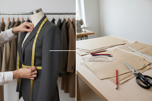 Split composition showing alterations on finished garment versus pattern correction with drafting tools illustrating the difference between surface adjustments and structural fixes"