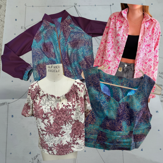 Collection of finished garments from Garment Construction 1-4 including structured dresses, collared tops, and fitted pieces displayed showing quality construction and craftsmanship