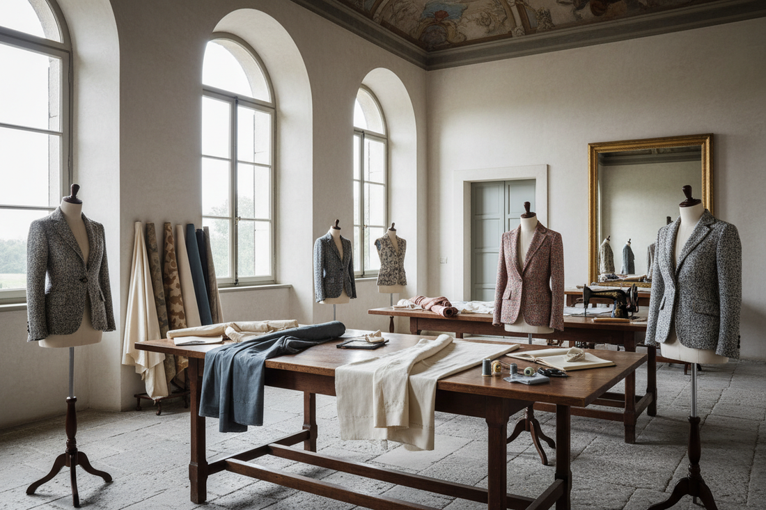 French couture jacket workshop studio in Italy with dress forms and tailoring workspace