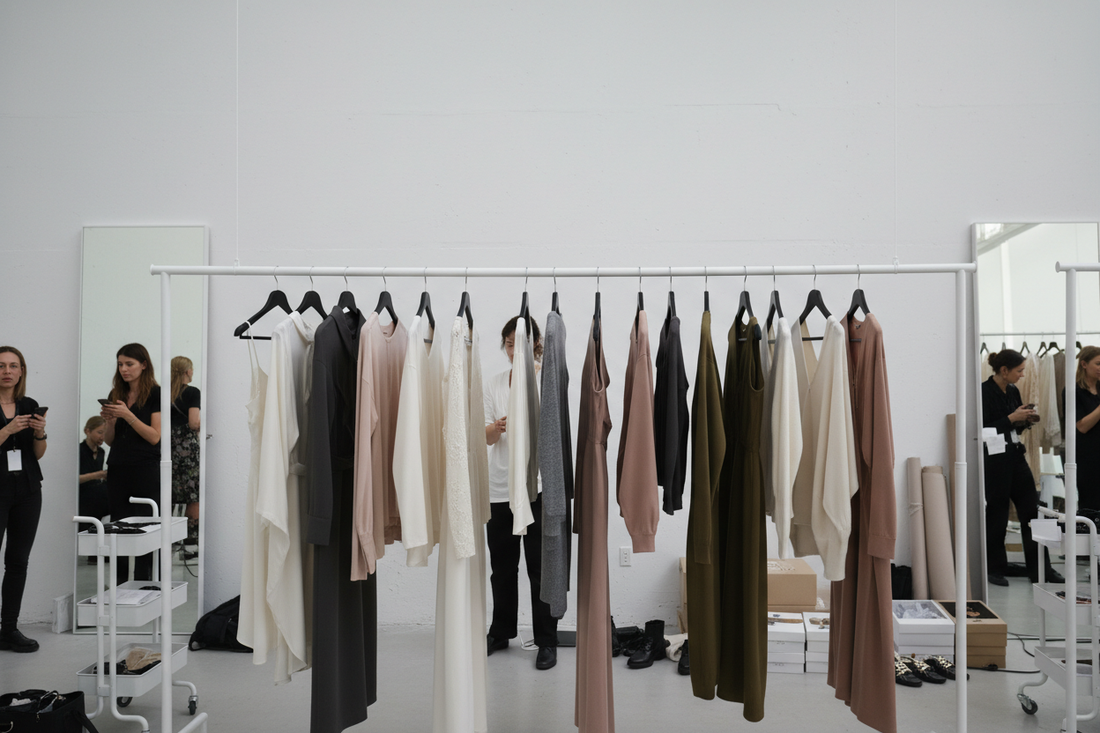 New York Fashion Week 2024 backstage showing garment preparation and last-minute adjustments before runway show