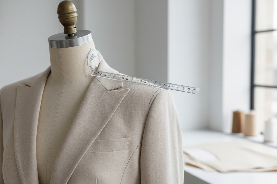 Shoulder slope measurement on dress form showing angle from neckline to shoulder point