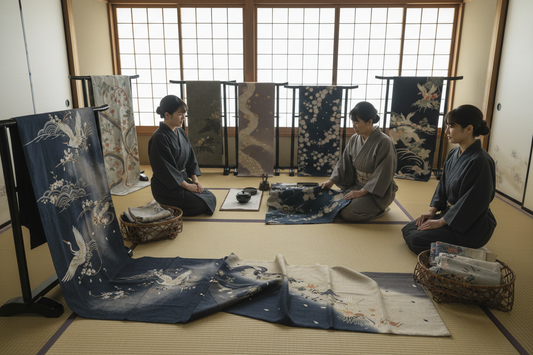 Traditional Japanese kimono class in Japan showing hand-stitching techniques and fabric selection