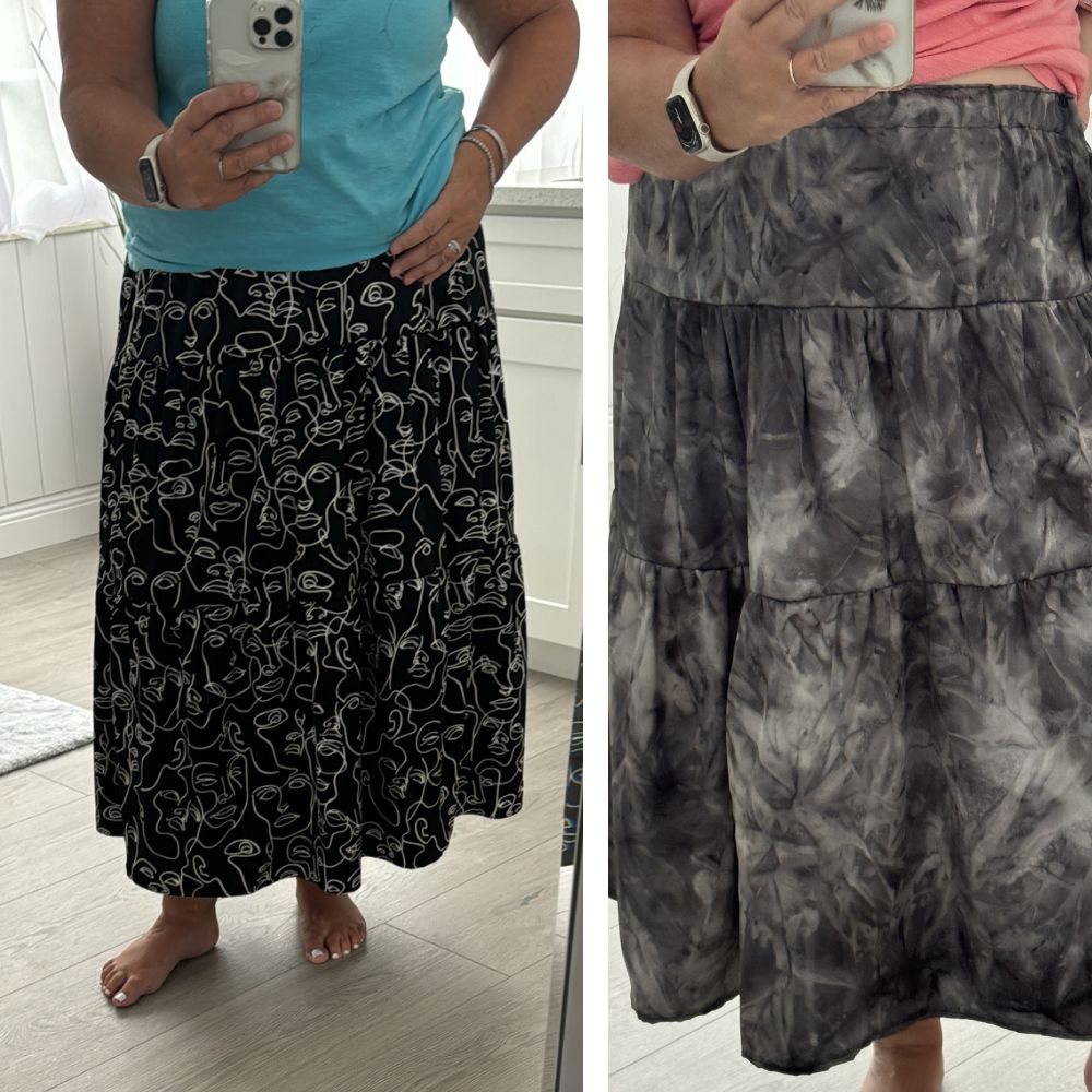 Two handmade skirts using the same pattern — one in black abstract print, one in grey tie-dye tiered fabric