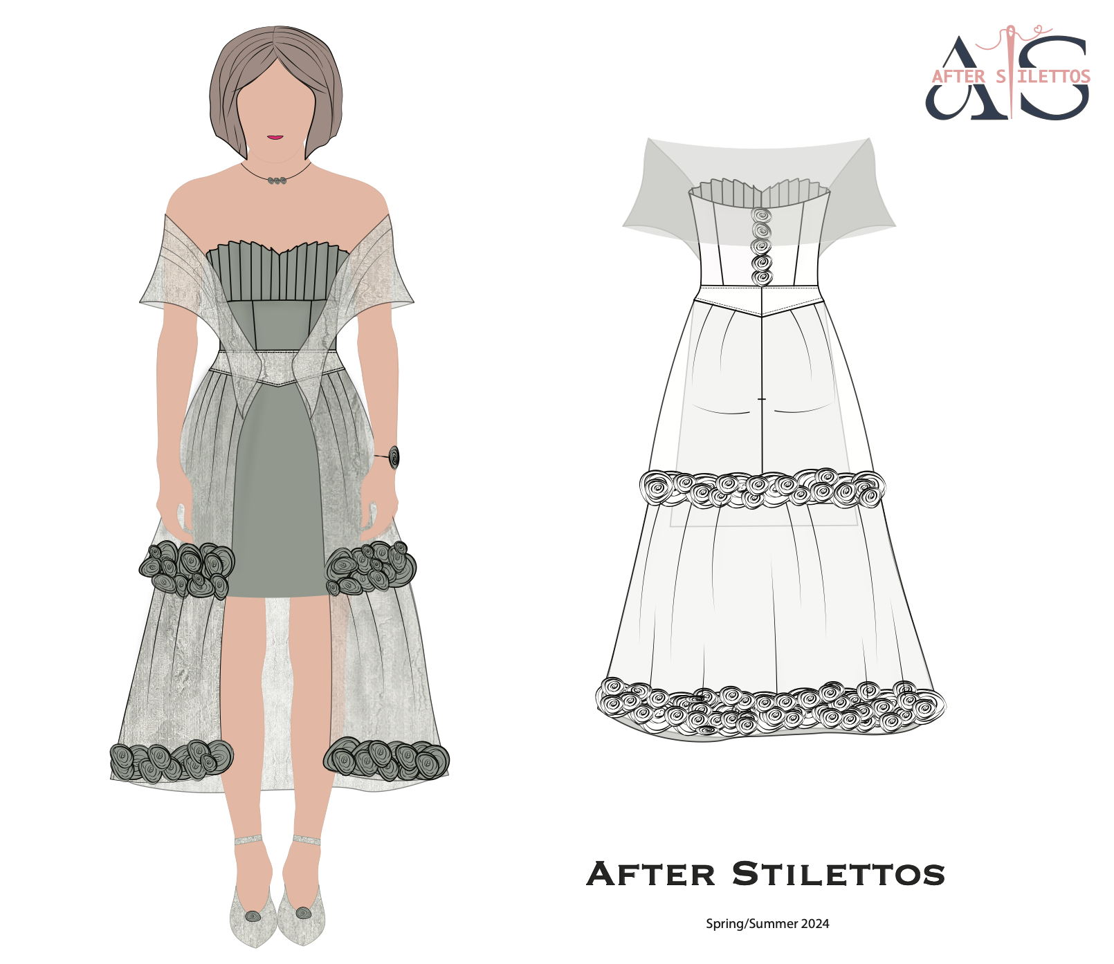 Front view of After Stilettos “Moonlit Reverie” layered gown with pleated bodice and draped mesh wings.
Back view of “Moonlit Reverie” featuring cascading rosette hem and flowing overskirt.