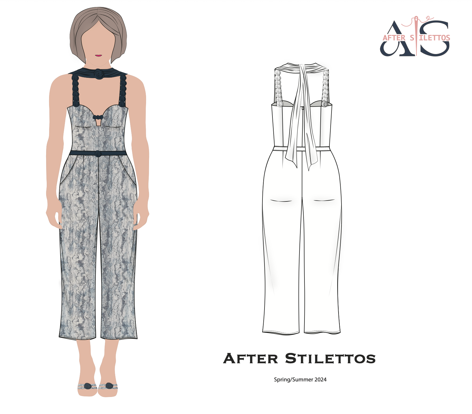 Front view of After Stilettos “Twilight Vine” jumpsuit with rosette straps and sculpted waist.
Back view featuring scarf tie and open-back detailing.