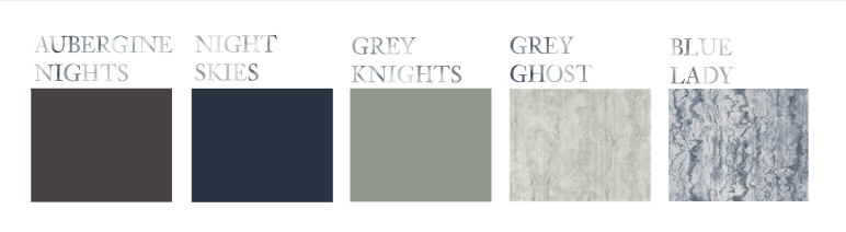 Twilight Vines color palette showing Aubergine Nights Night Skies Grey Knights Grey Ghost and Blue Lady fabric swatches