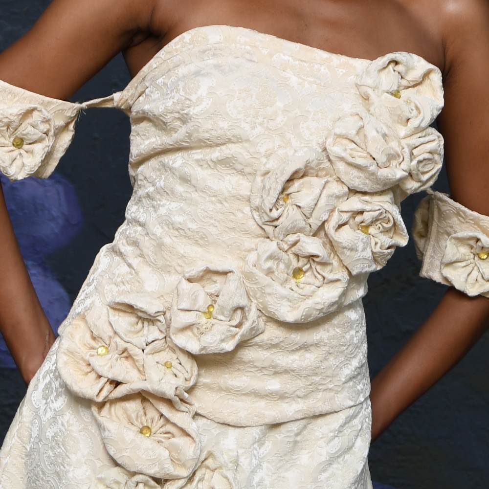 From Curtains to Gown — hand-sewn rosette gown made from curtain fabric