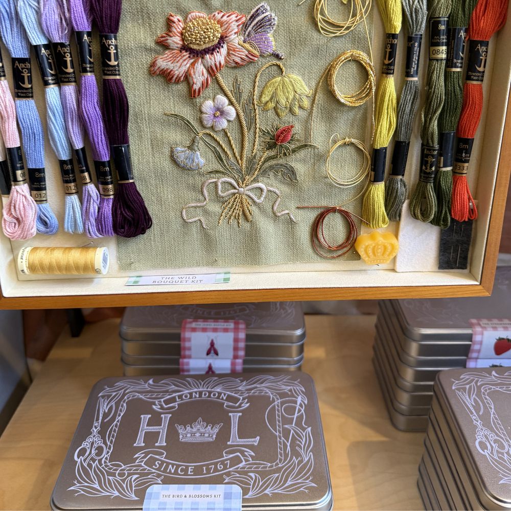 The Hand & Lock embroidery kit tin, embossed with their crest and "since 1767