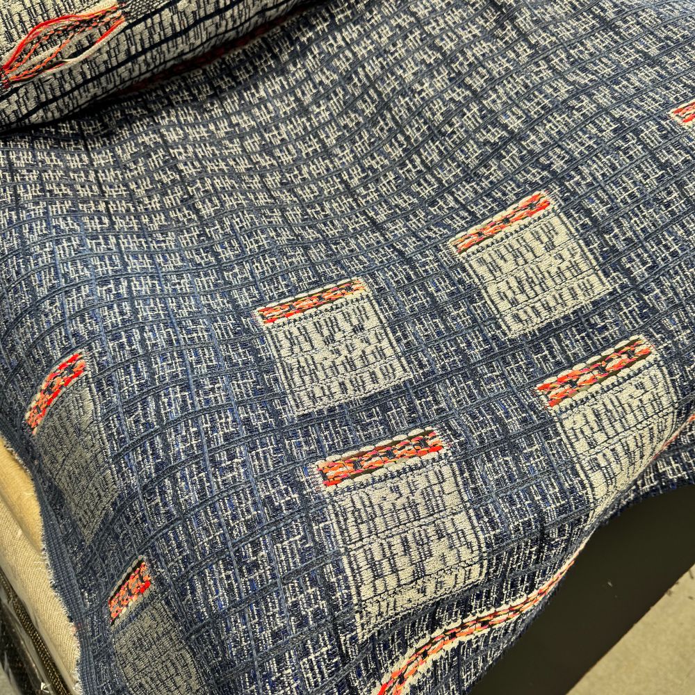 Indigo cotton fabric with white shibori tie-dye pattern, from a fabric shop in Nippori Textile Town, Tokyo