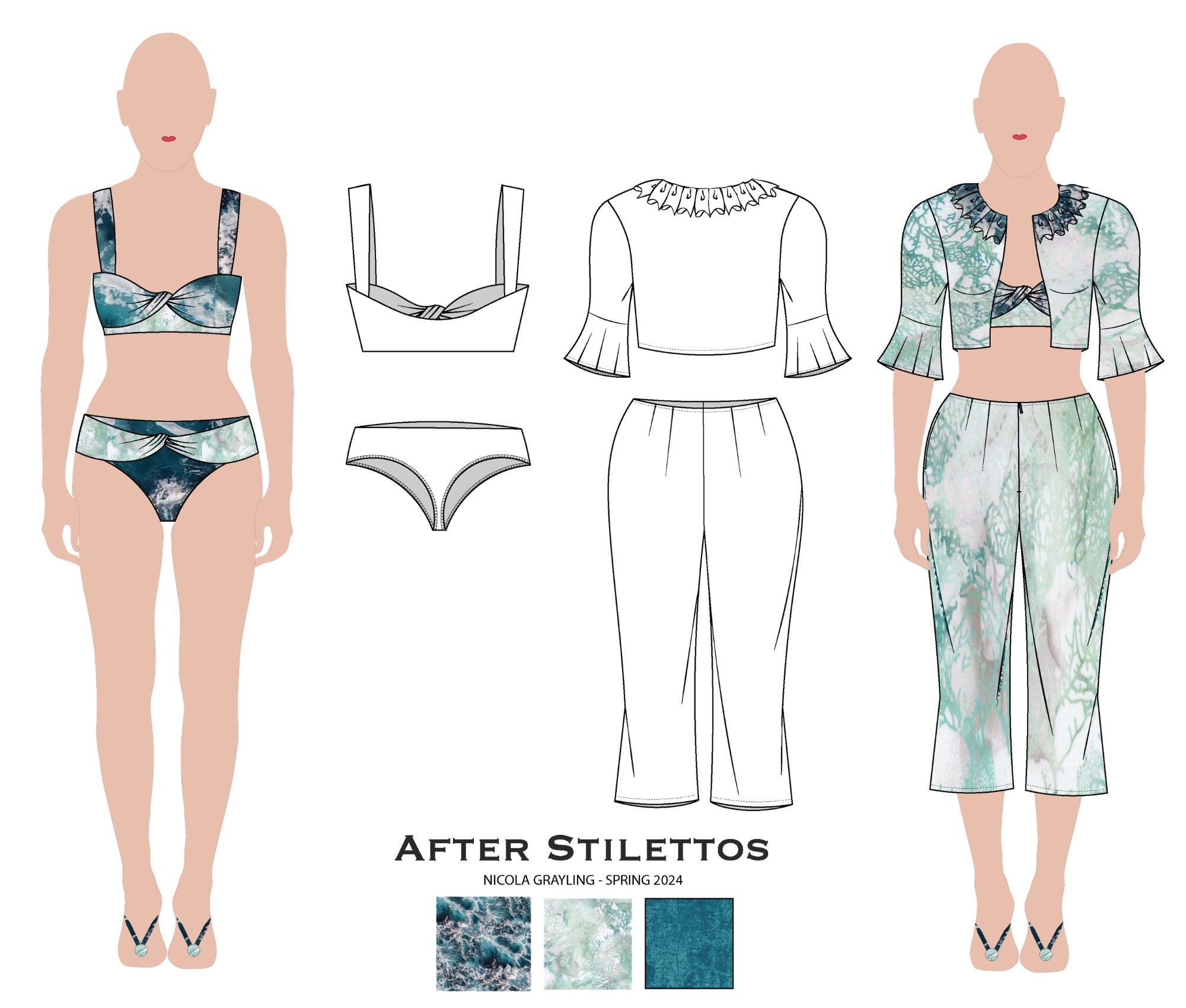 After Stilettos After the Tide swim-to-resort design flat illustration showing a transitional swim-to-cover silhouette with structured ease and resort-ready layering
