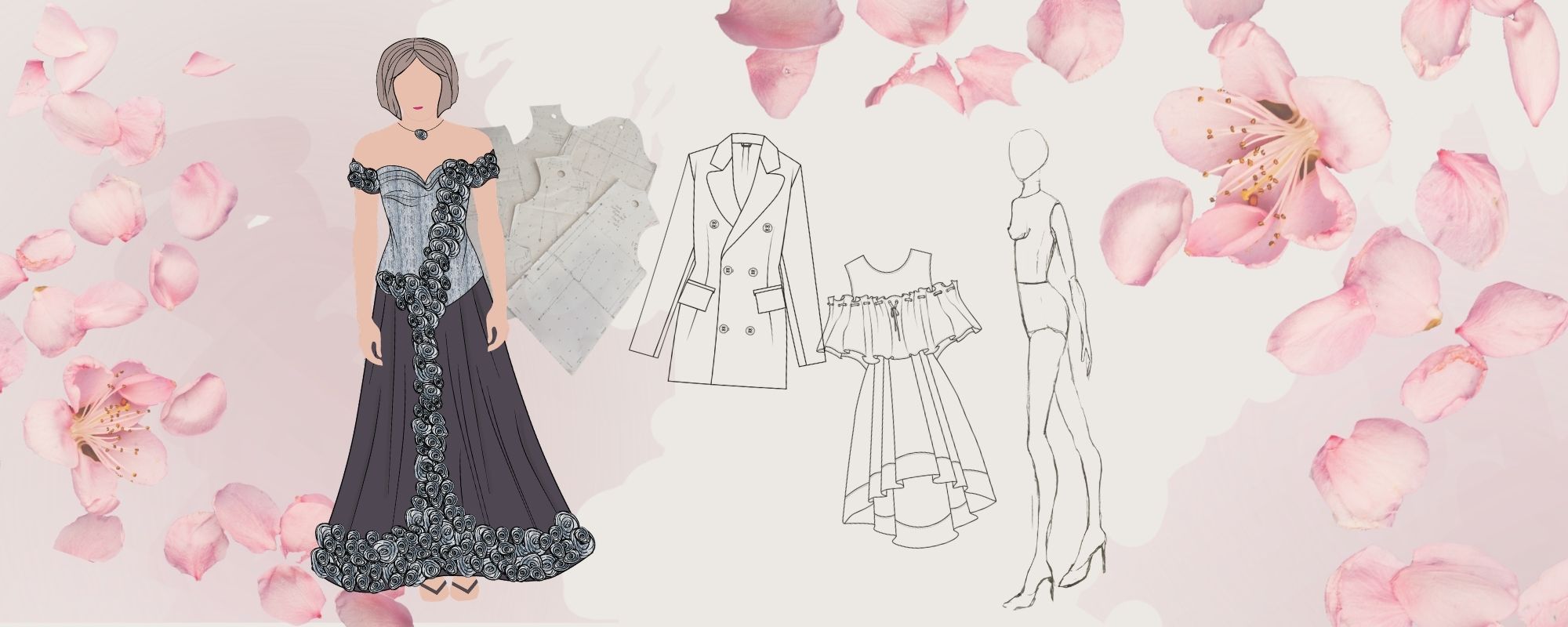 Fashion illustrations with scattered pink petals — After Stilettos Collections, quiet power bold design