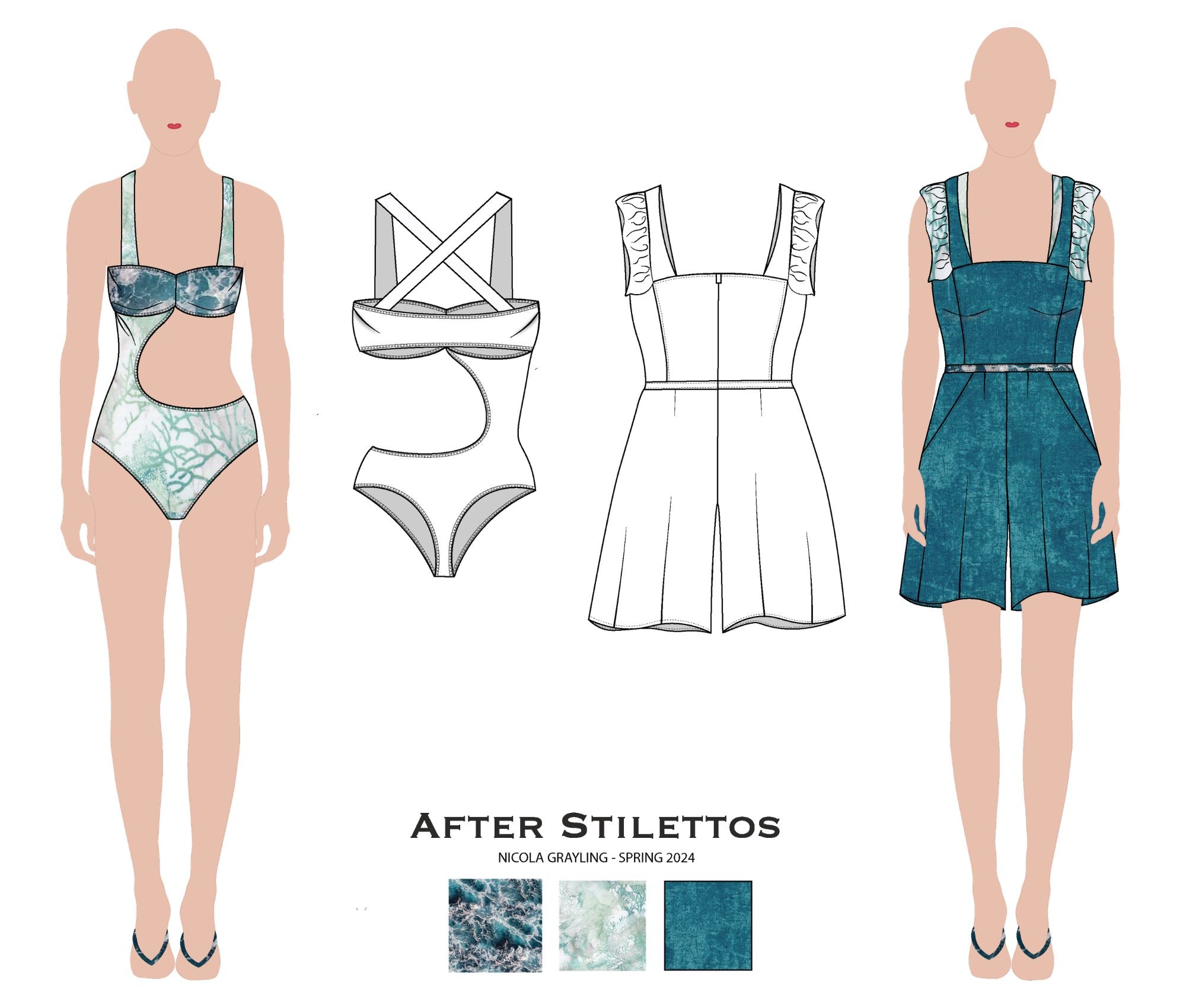 After Stilettos Crosscurrent swim-to-resort design flat illustration showing an architectural swimsuit with cut-out silhouette and intersecting strap construction with a shorts suit.
