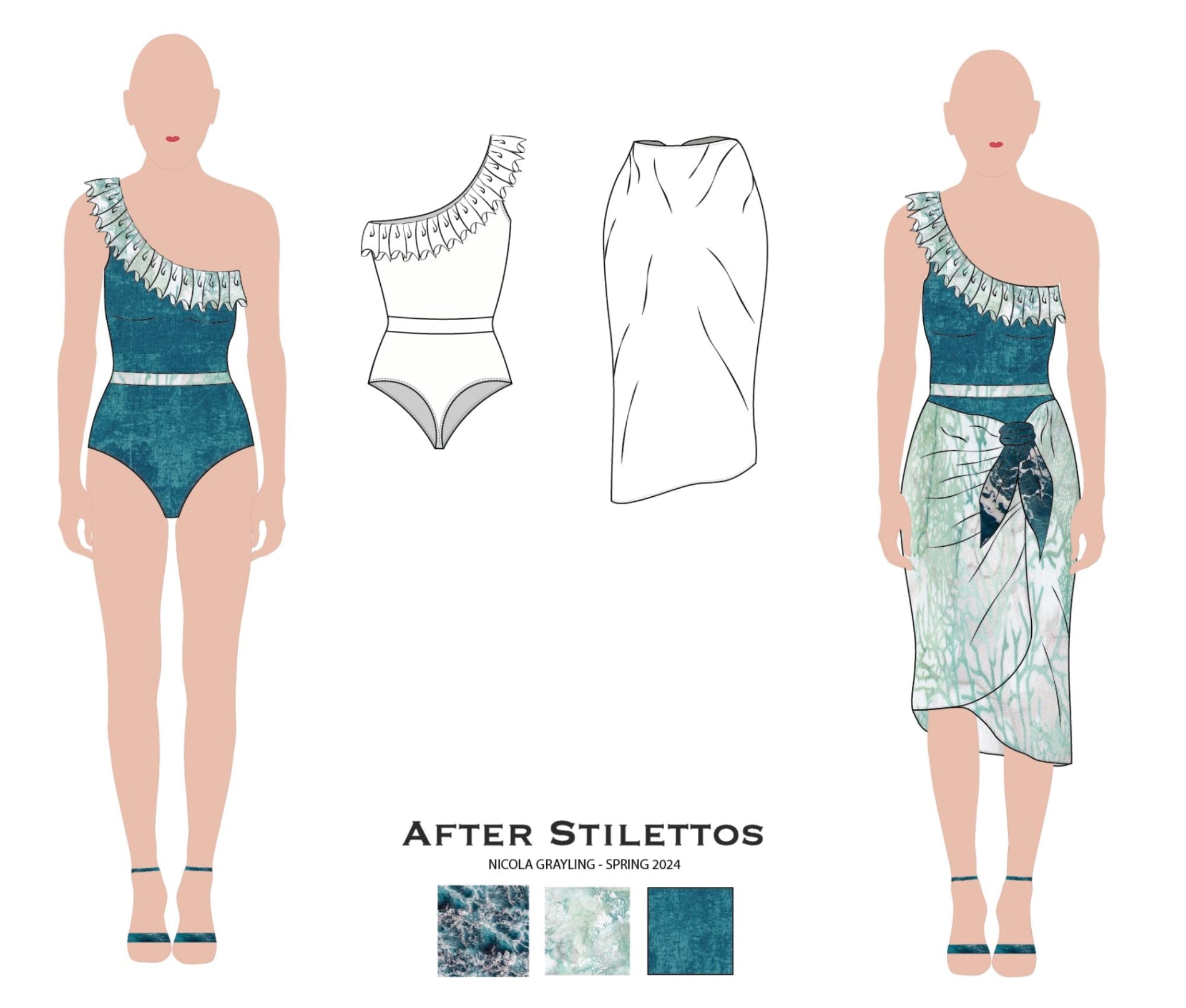 After Stilettos Ebb & Lace one piece swim-to-resort design flat illustration with ruffles neckline and tie up knee length sarong
