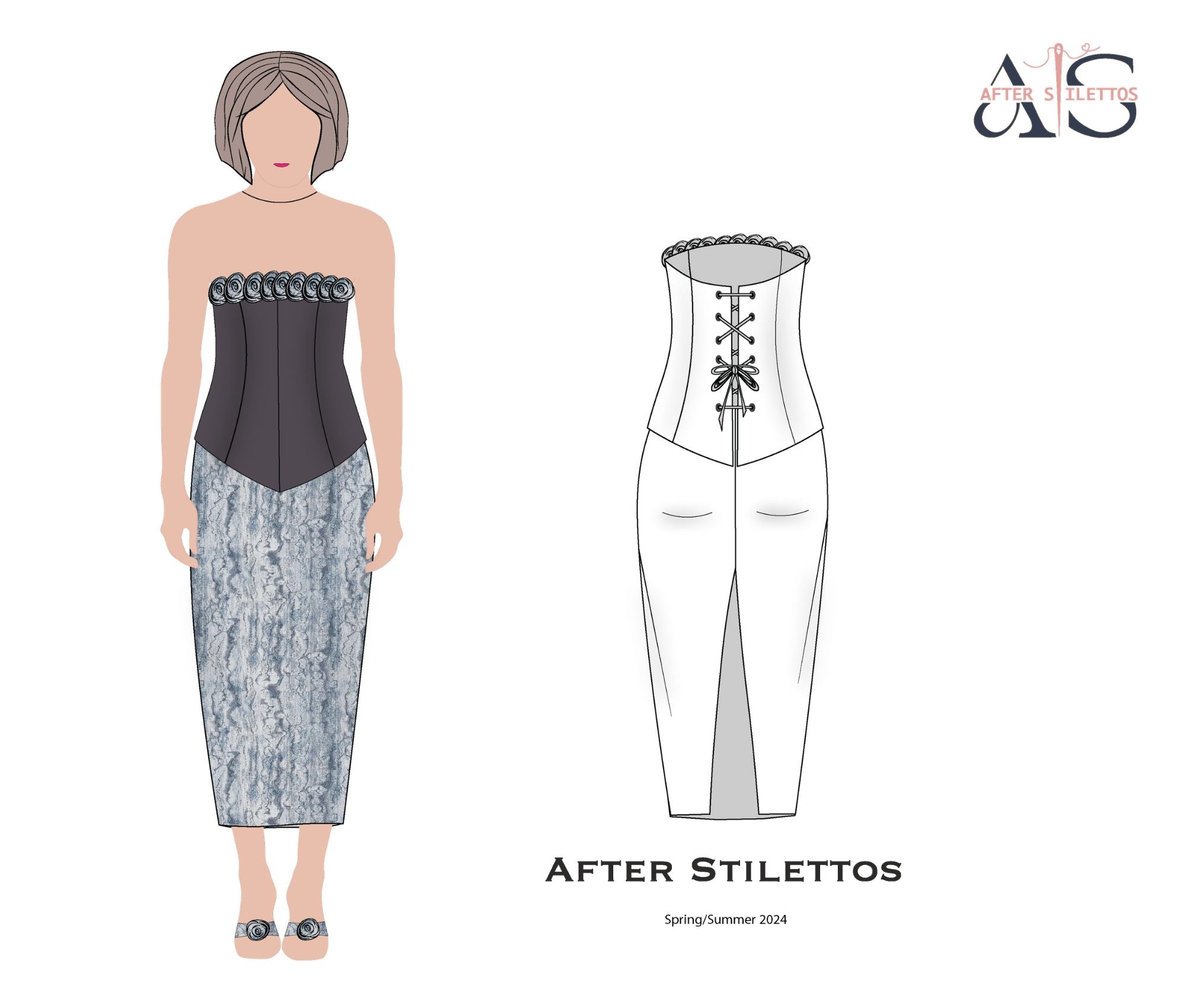 After Stilettos Eclipse Garden design flat illustration showing a dramatic off-shoulder corset bodice with structured boning and a textured column skirt
