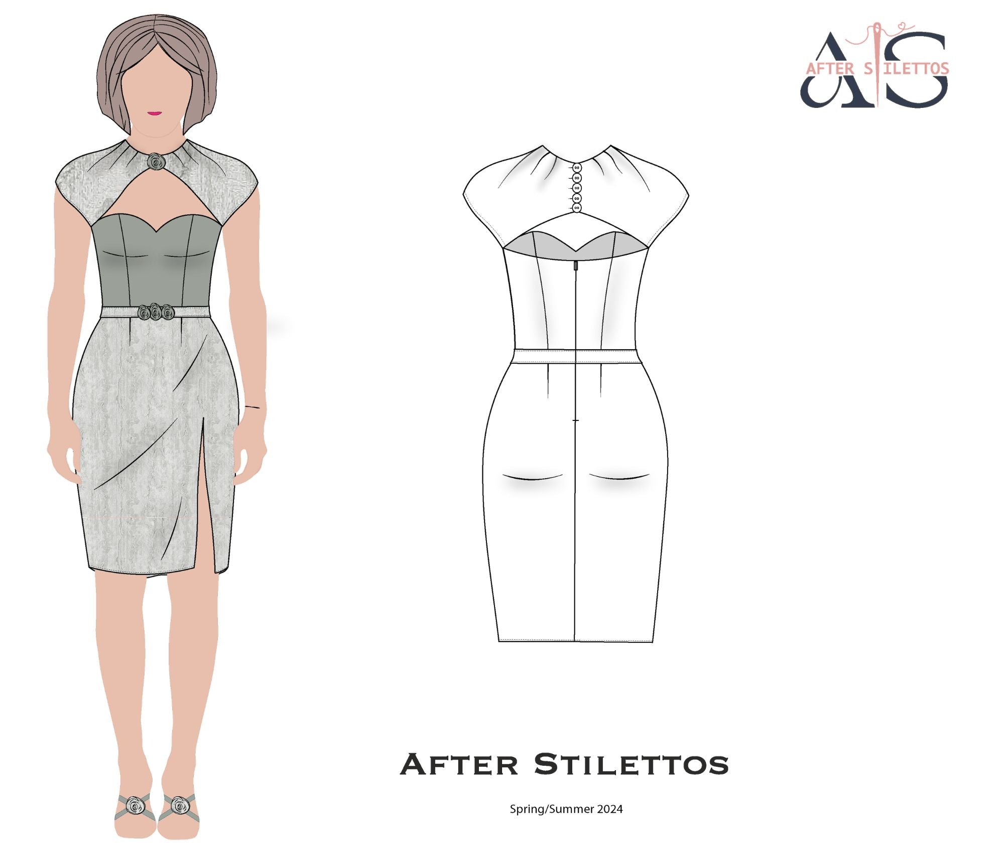 After Stilettos Lunar Petal design flat illustration showing clean corsetry with a textured minimalist silhouette and refined cap sleeve construction
