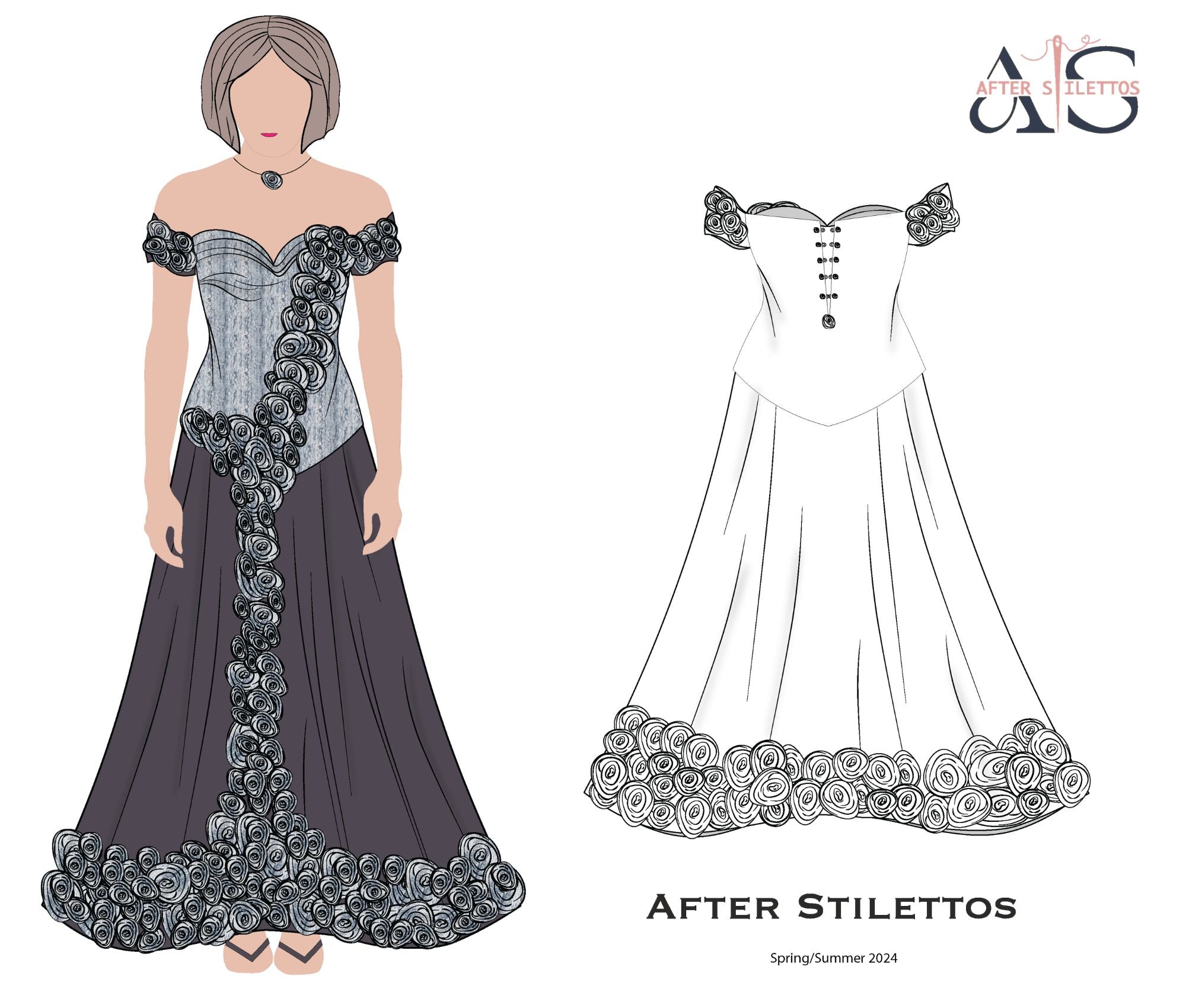 After Stilettos Midnight Cascade design flat illustration showing a sweeping off-shoulder gown with dramatic lace cascade and fitted boned bodice
