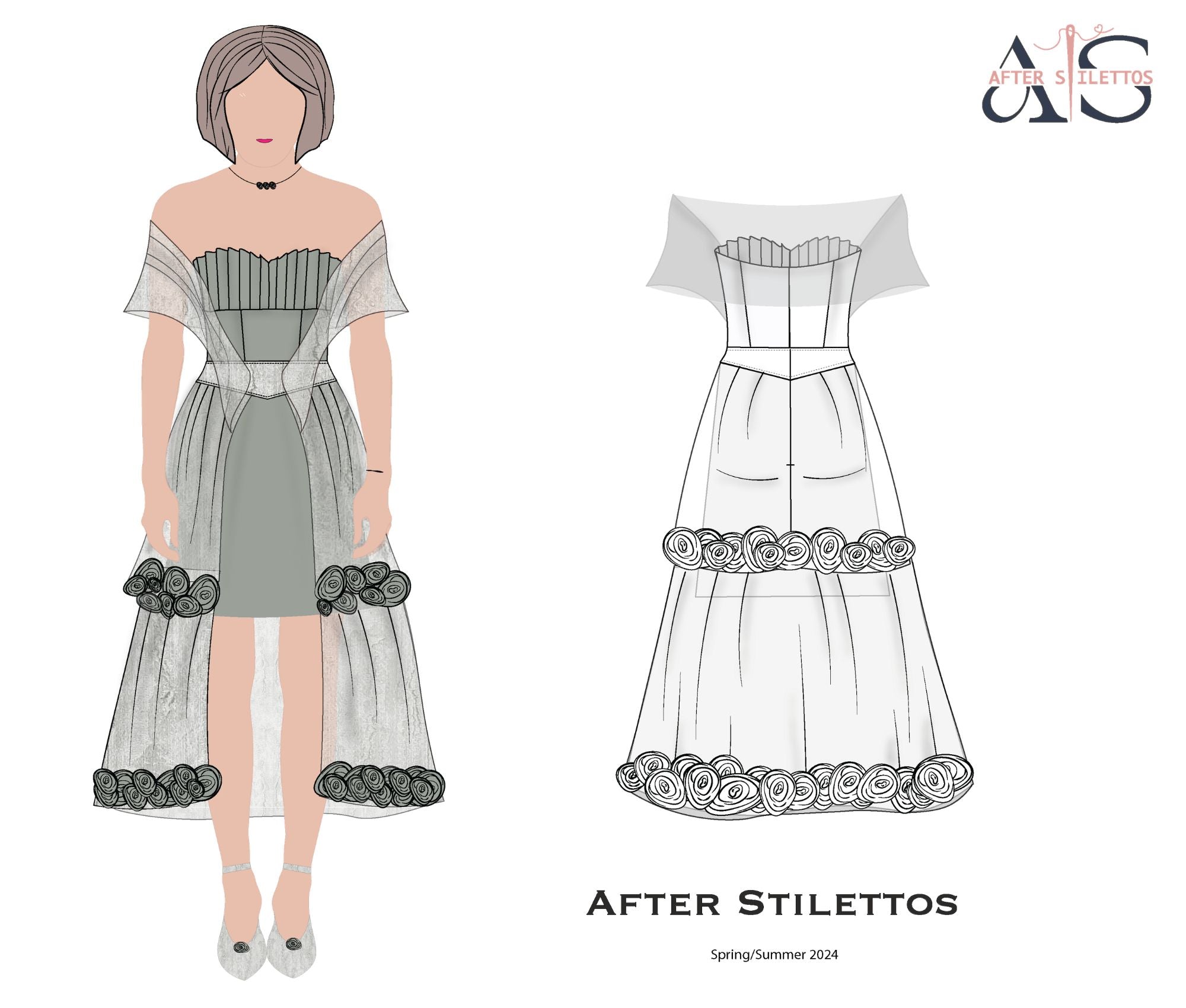 After Stilettos Moonlit Reverie design flat illustration showing ethereal pleated skirt layers with structured strapless bodice architecture
