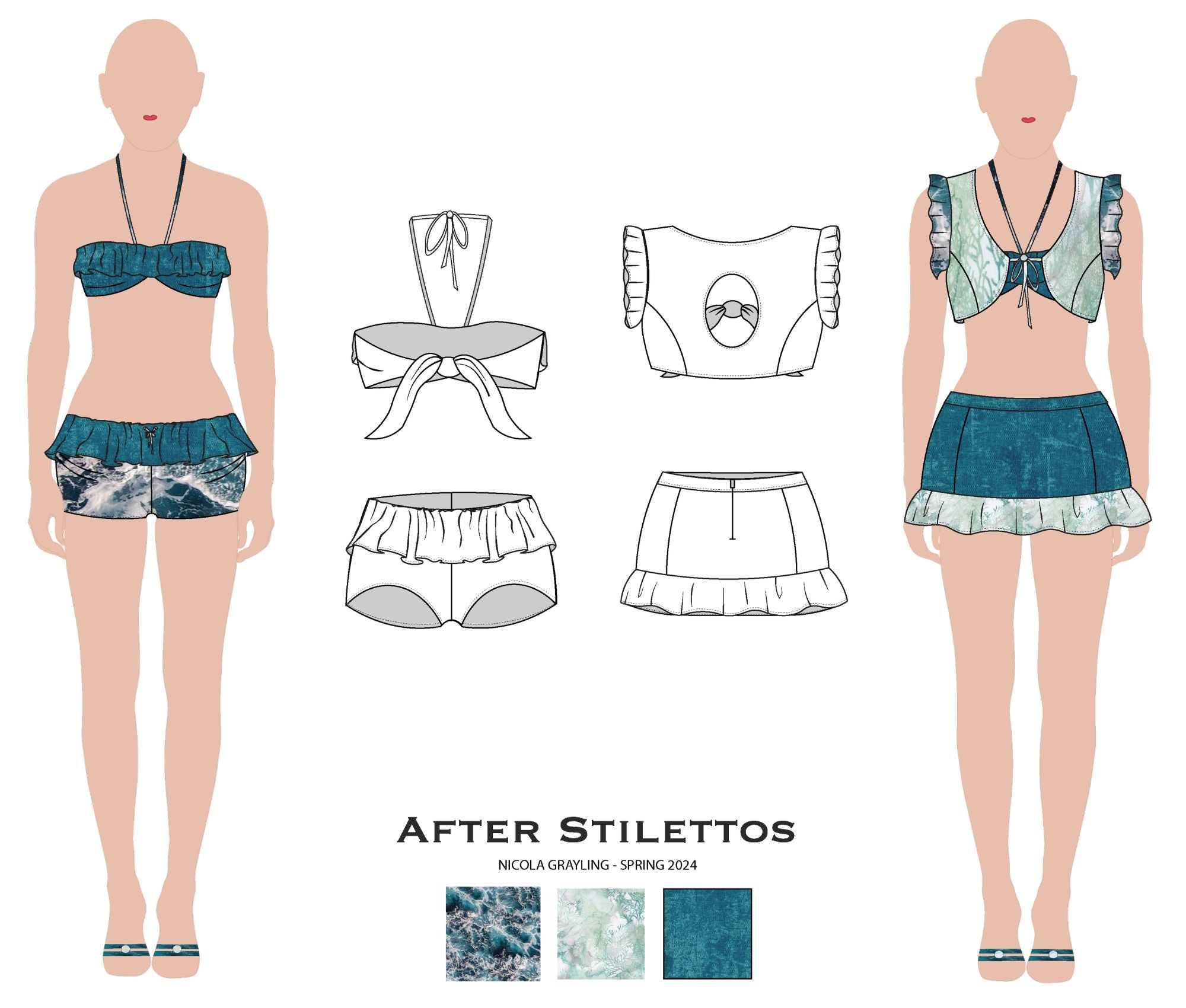After Stilettos Seafoam Hour swim-to-resort design flat illustration showing a fluid resort silhouette with soft volume and relaxed coastal proportion
