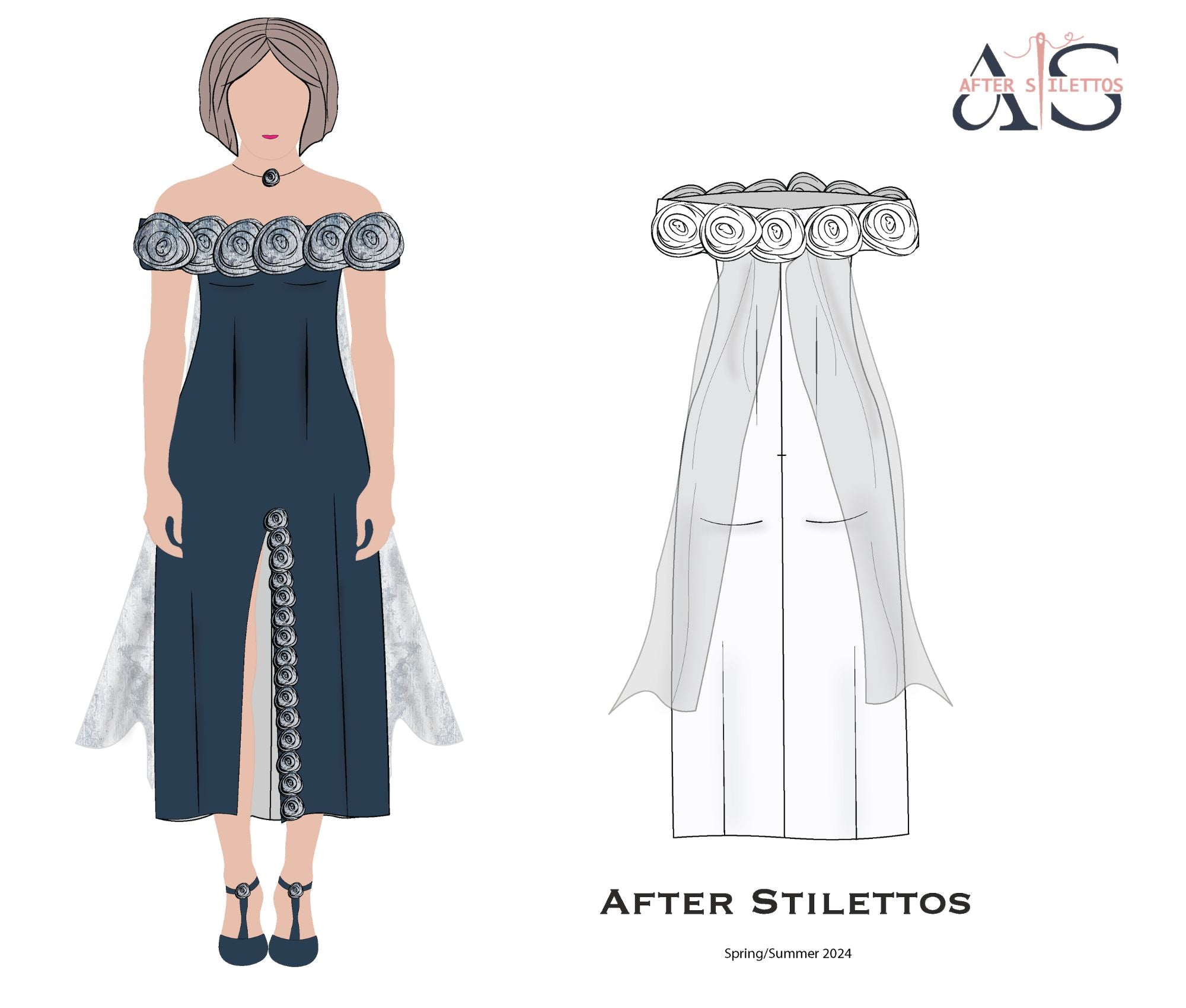 After Stilettos Shadow Blossom design flat illustration showing a tailored off-shoulder silhouette softened by layered organza and lace detail
