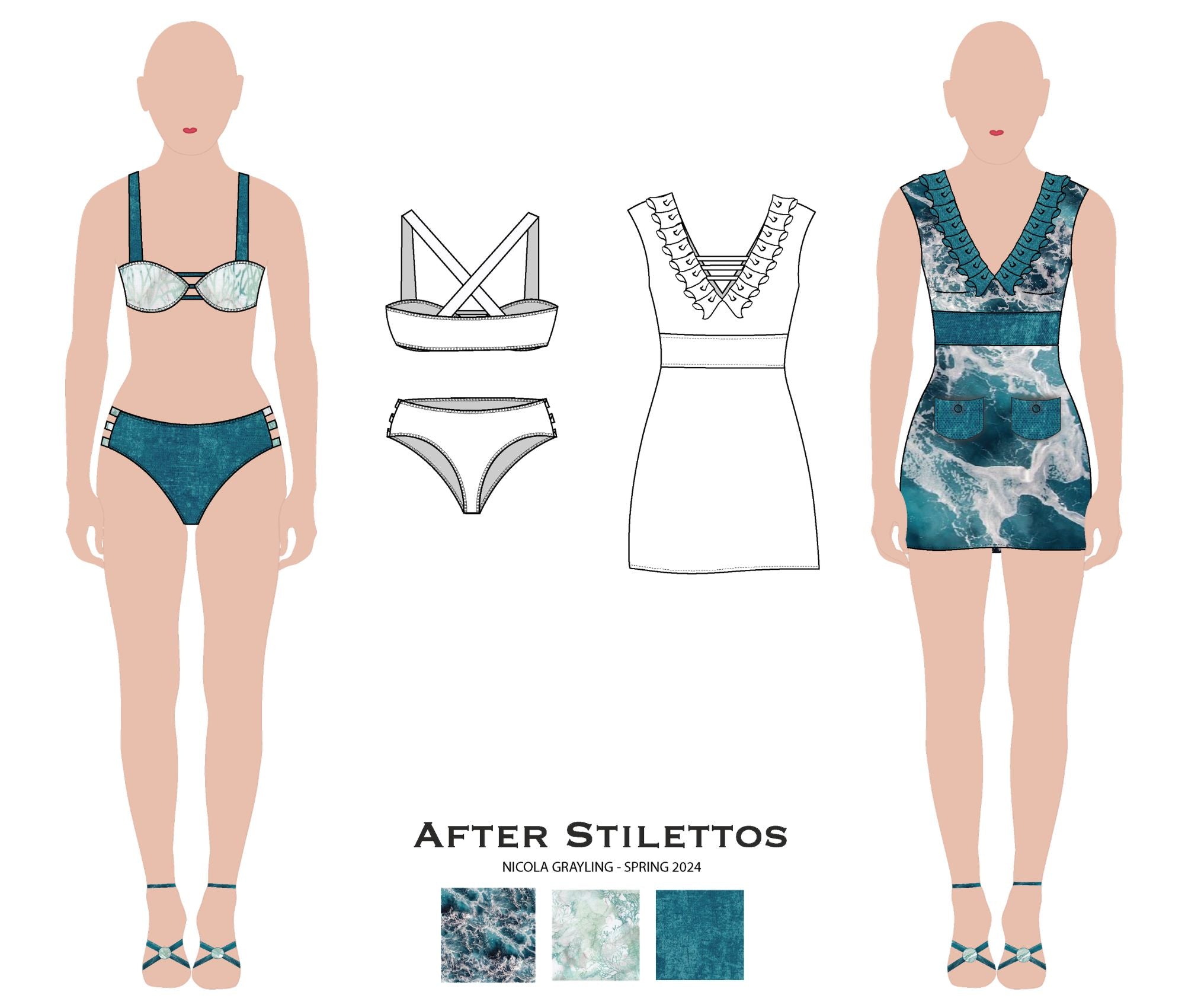 After Stilettos Stillwater swim-to-resort design flat illustration showing a structured bikini with clean proportion lines and refined dress.
