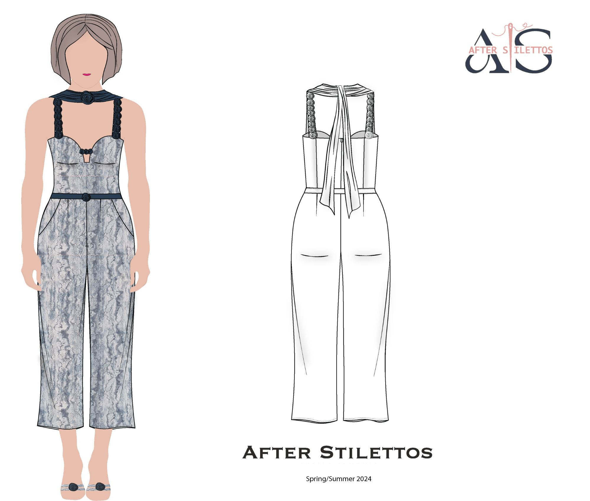 After Stilettos Twilight Vines design flat illustration showing rosette shoulder straps with tailored wide-leg trouser lines and lace overlay
