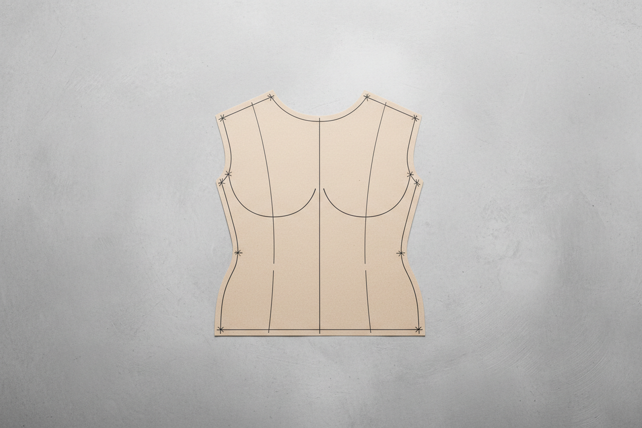 Bodice block pattern piece showing dart lines and construction markings on work surface for pattern-making fundamentals