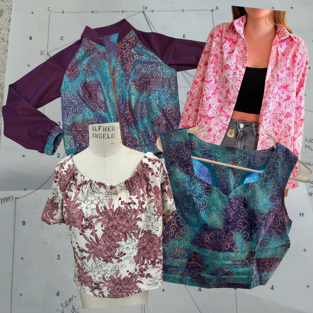 Collection of finished garments from Garment Construction 1-4 including structured dresses, collared tops, and fitted pieces displayed showing quality construction and craftsmanship