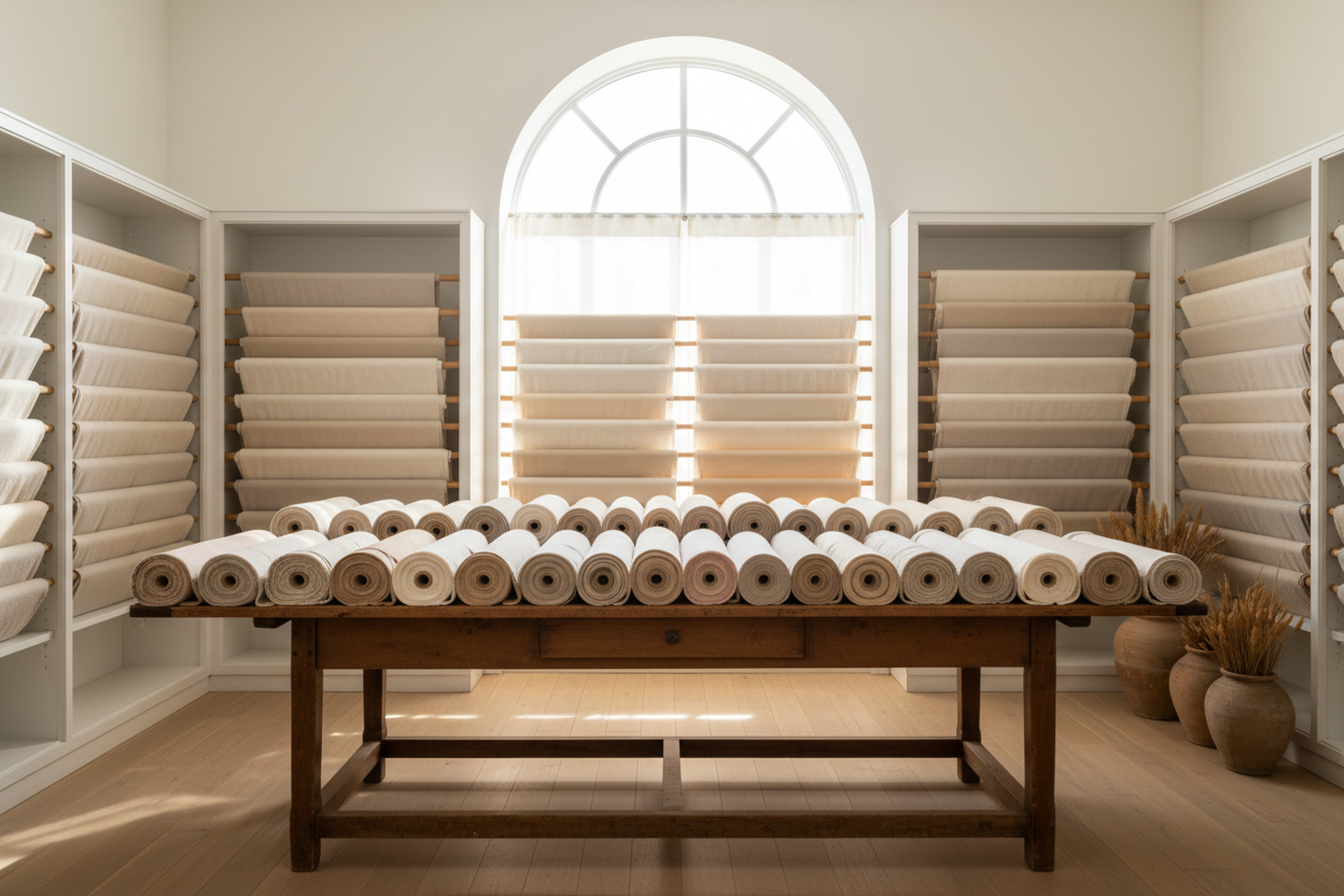 Warm cream and ivory fabric bolts stacked on shelves and rolled on a wooden cutting table in a bright atelier — Fashion School Diaries