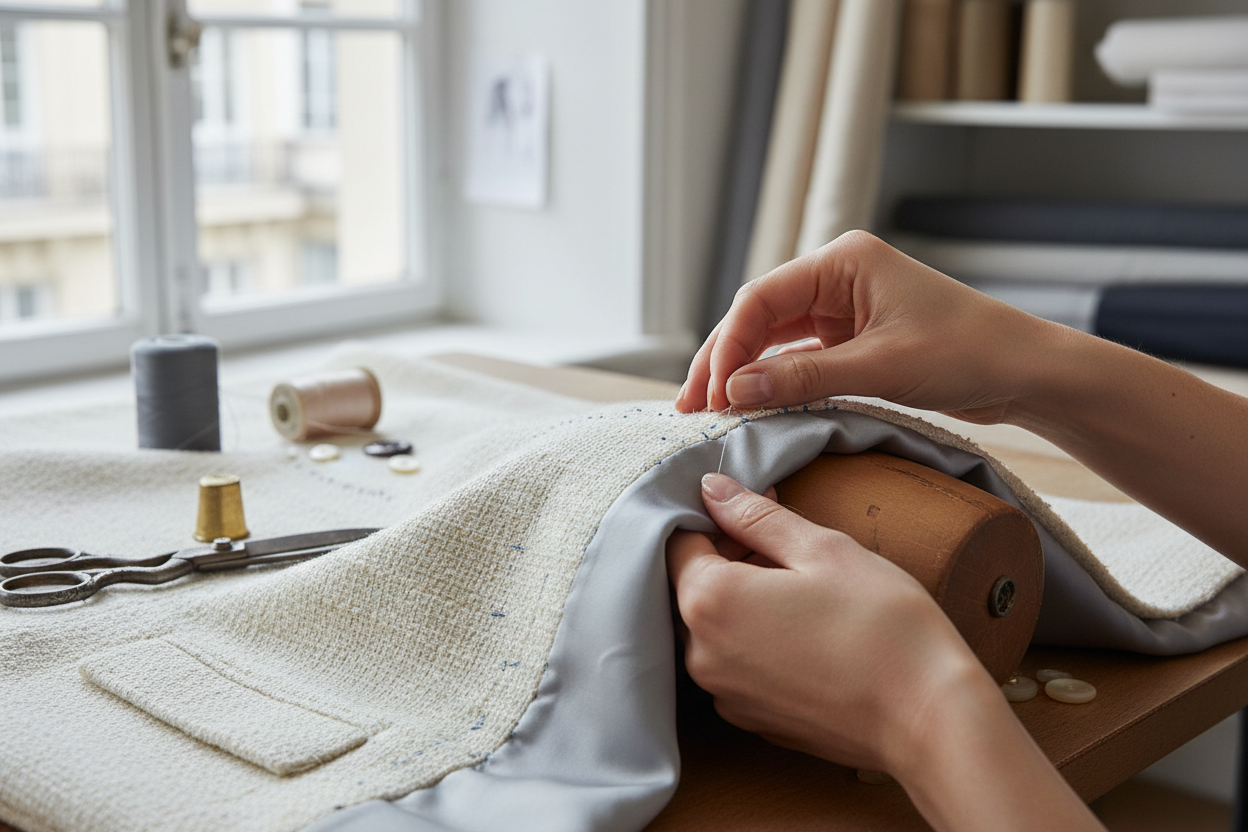 Hand stitching French couture jacket showing traditional tailoring techniques and precision