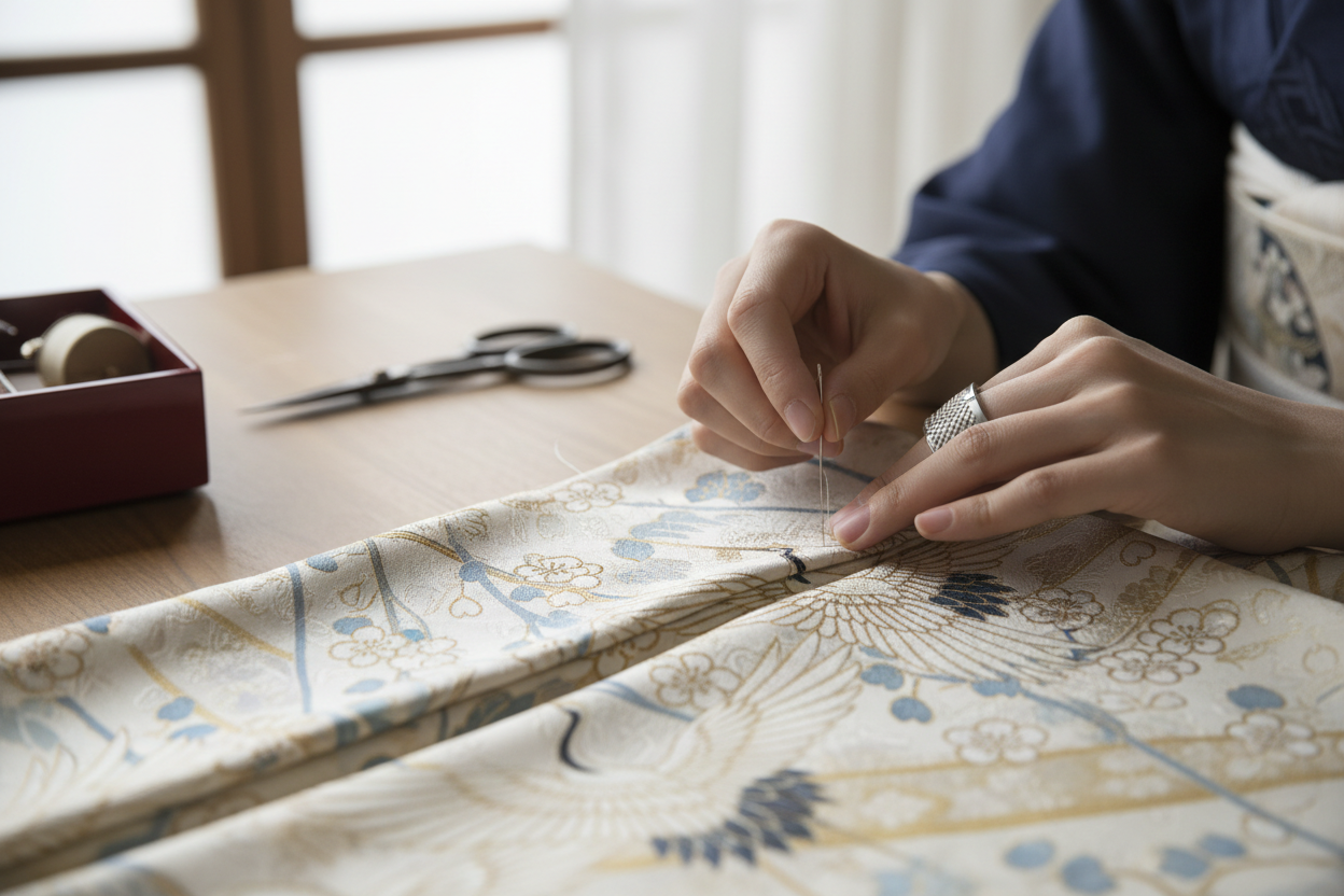 Hand stitching traditional kimono fabric showing Japanese zero-waste construction techniques