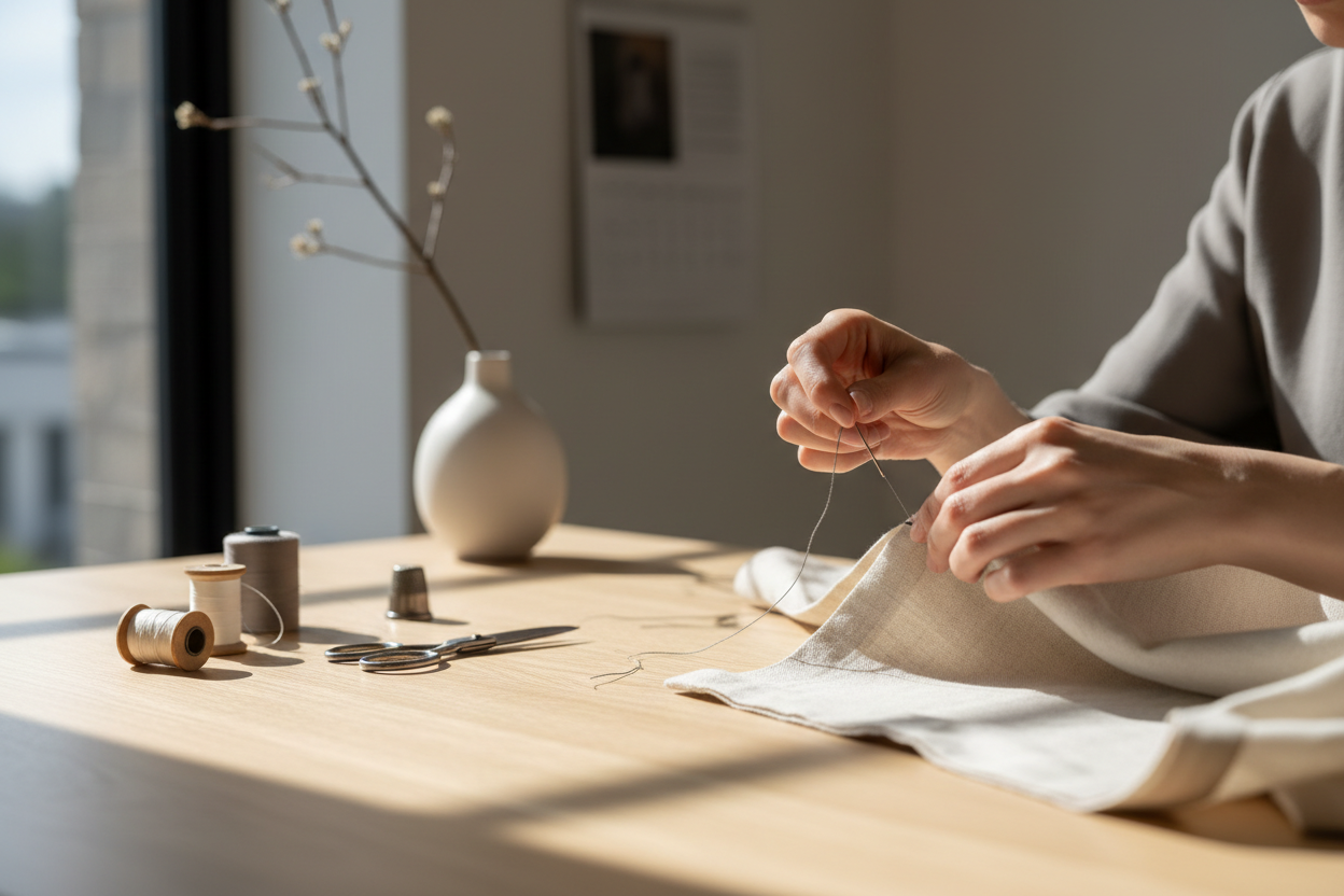 Hands carefully hand-sewing fabric at a minimalist work table with natural light