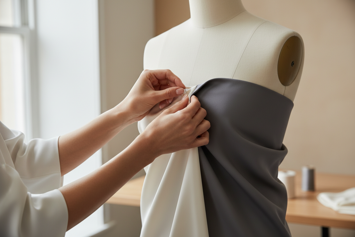 Hands carefully pinning fabric on a dress form in natural light