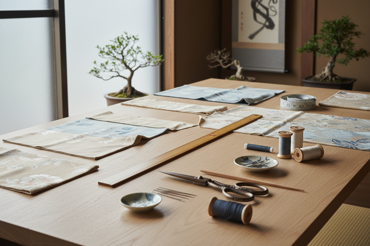 Japanese craft workspace with textile and making materials showing traditional handwork techniques