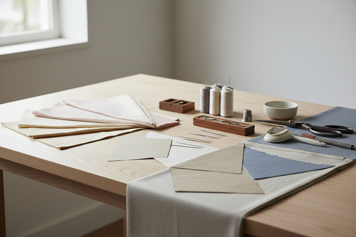 Traditional kimono making materials and hand-sewing tools showing Japanese textile craft