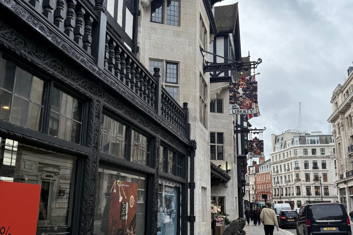 The iconic black and white Tudor facade of Liberty London on Great Marlborough Street, London
