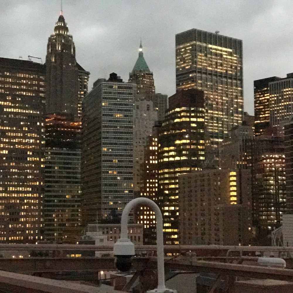 Lower Manhattan skyline lit up at dusk, seen from Brooklyn