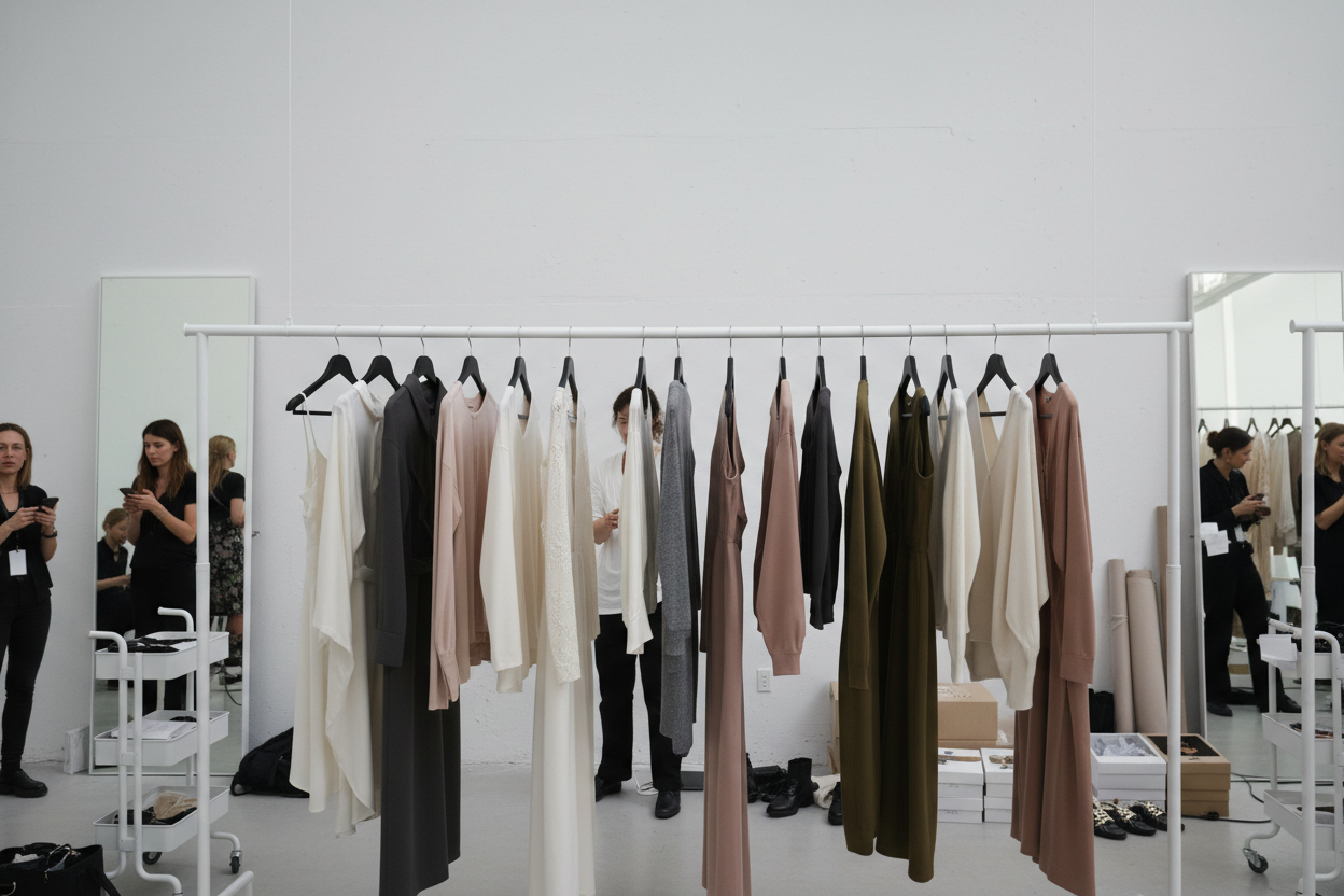 New York Fashion Week 2024 backstage showing garment preparation and last-minute adjustments before runway show