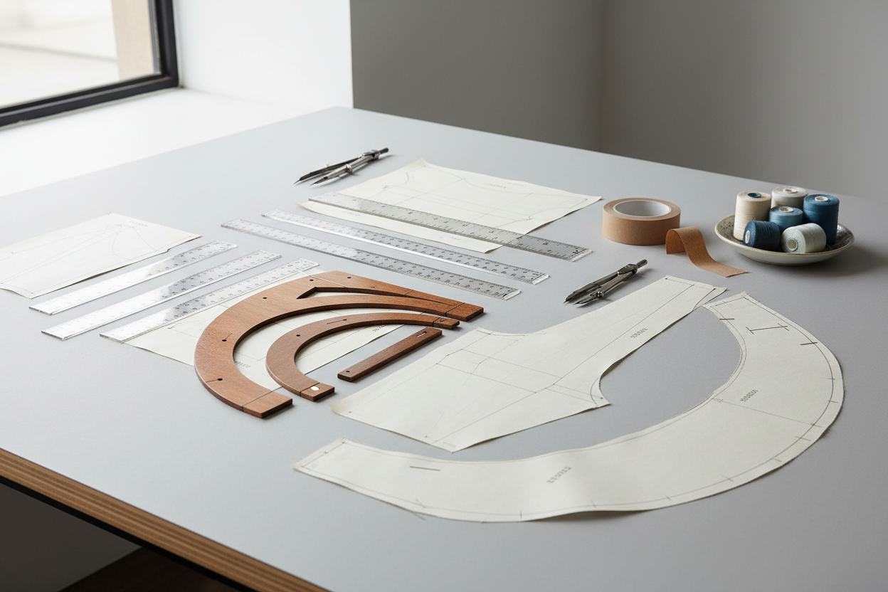 Pattern making tools and drafted patterns showing fashion school training in garment fit and structure.