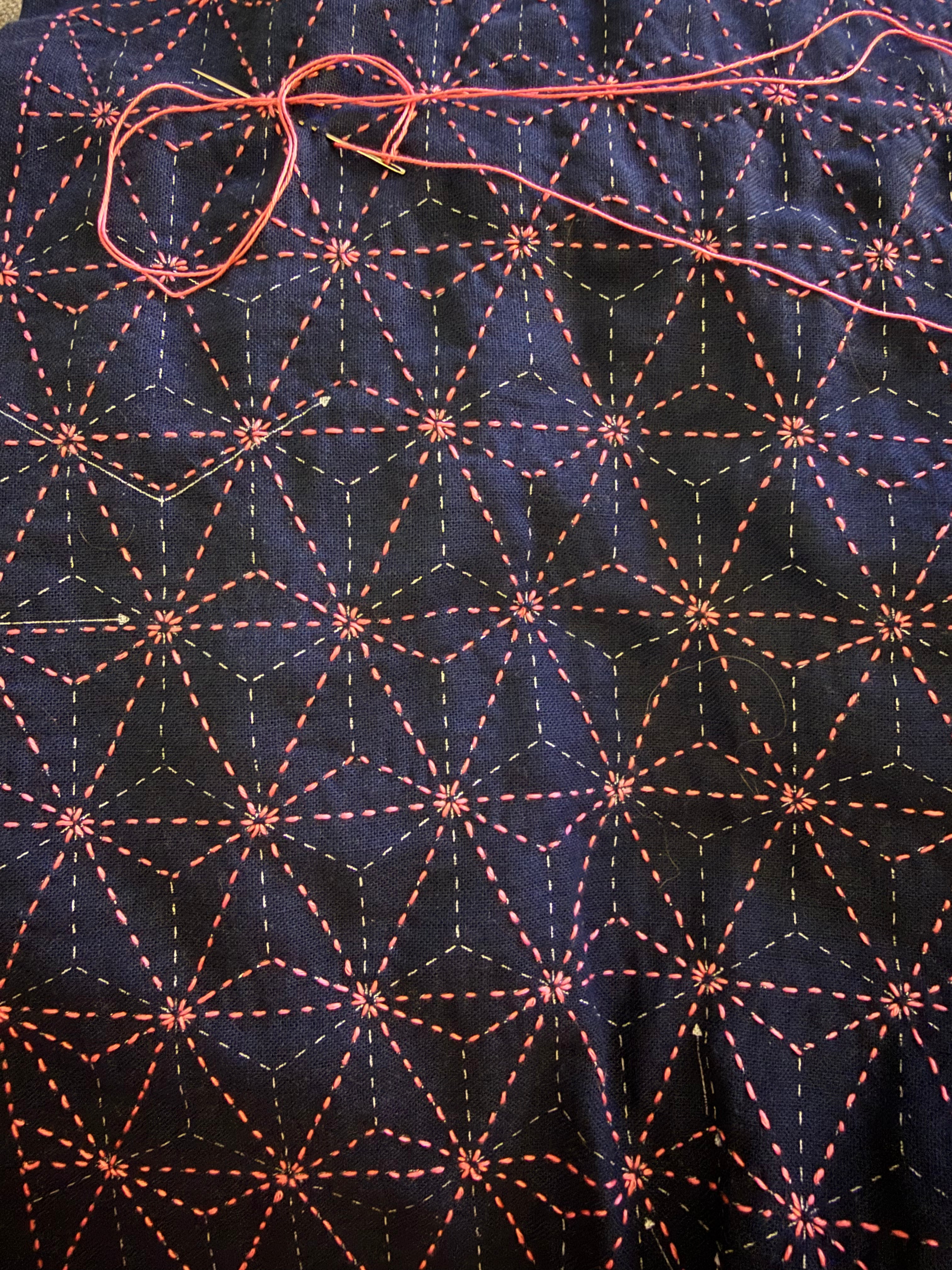 sashiko hemp leaf design on blue 100% cotton fabric and pink daruma thread