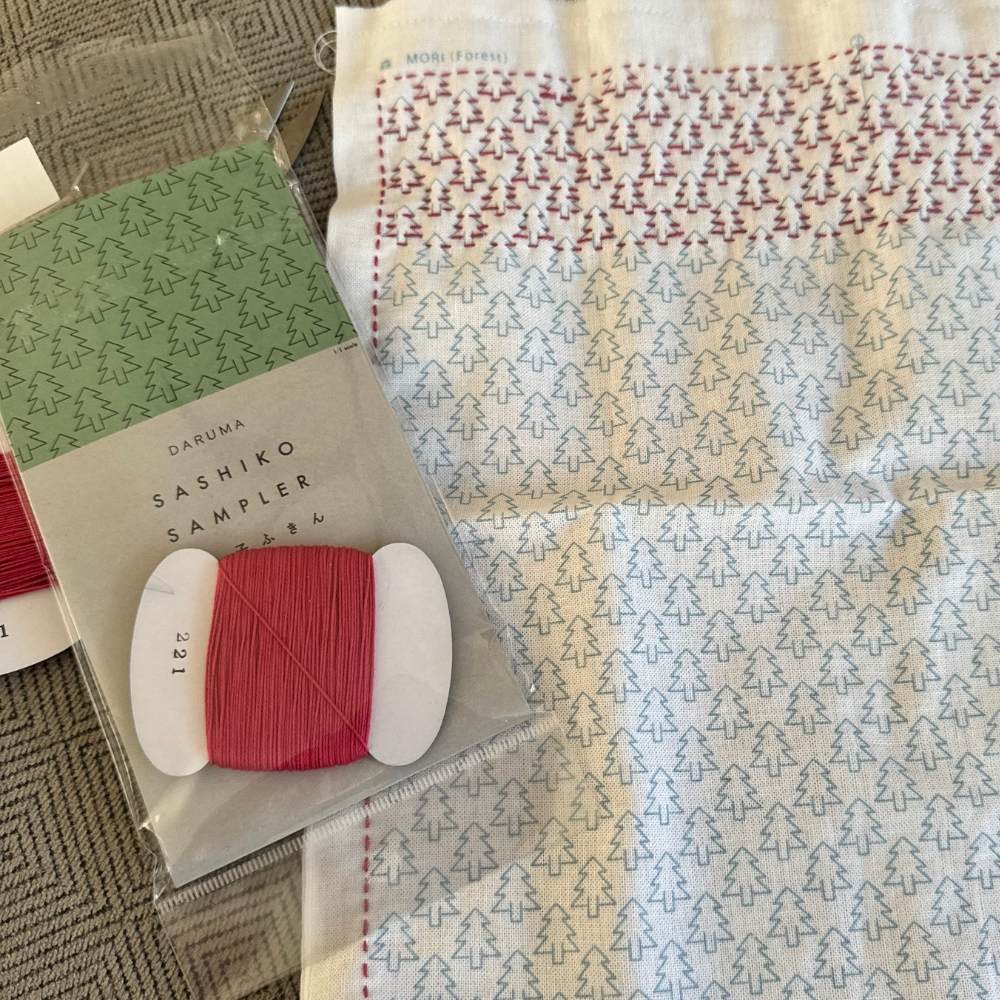 Japanese Sashiko hand stitching sampler kit with red thread found in Tokyo