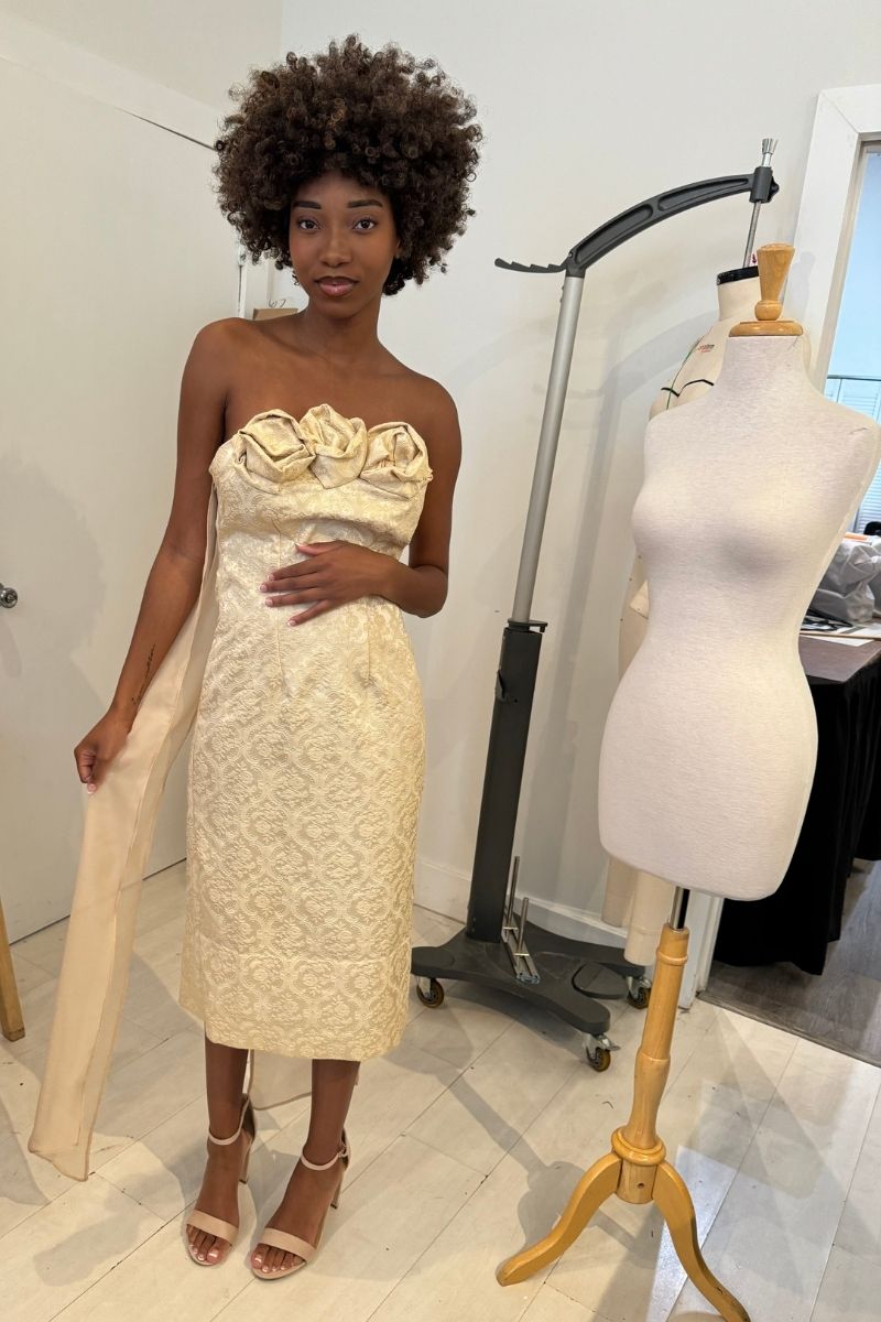 Shadow Blossom ivory brocade gown fitting in the After Stilettos studio with dress form in background