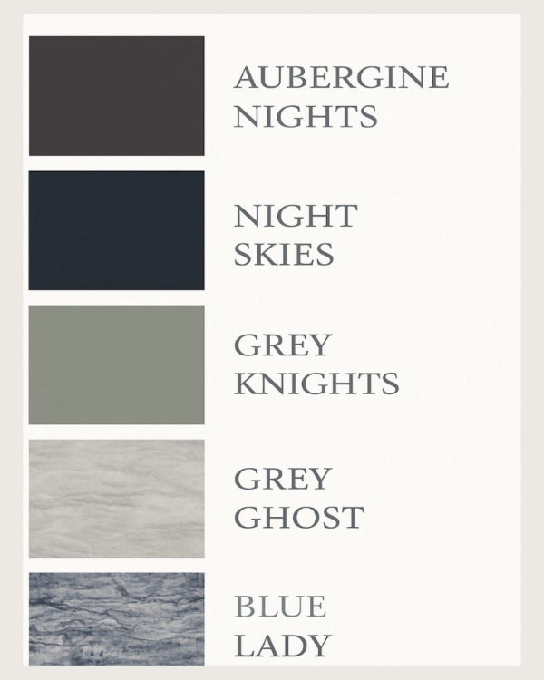 The Blooms color palette — Aubergine Nights, Night Skies, Grey Knights, Grey Ghost, Blue Lady swatches by After Stilettos
