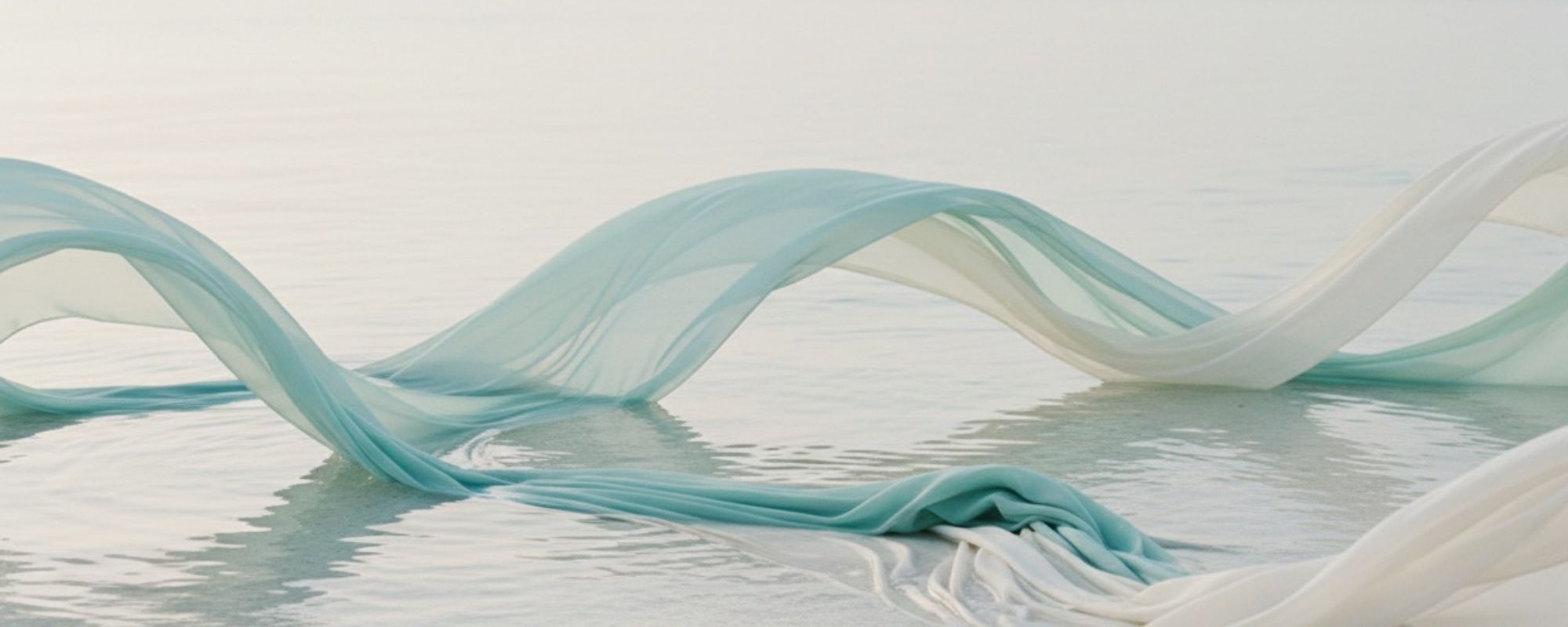 Tidal Grace swimwear collection — soft aqua fabric at the water's edge, ethereal and serene, After Stilettos