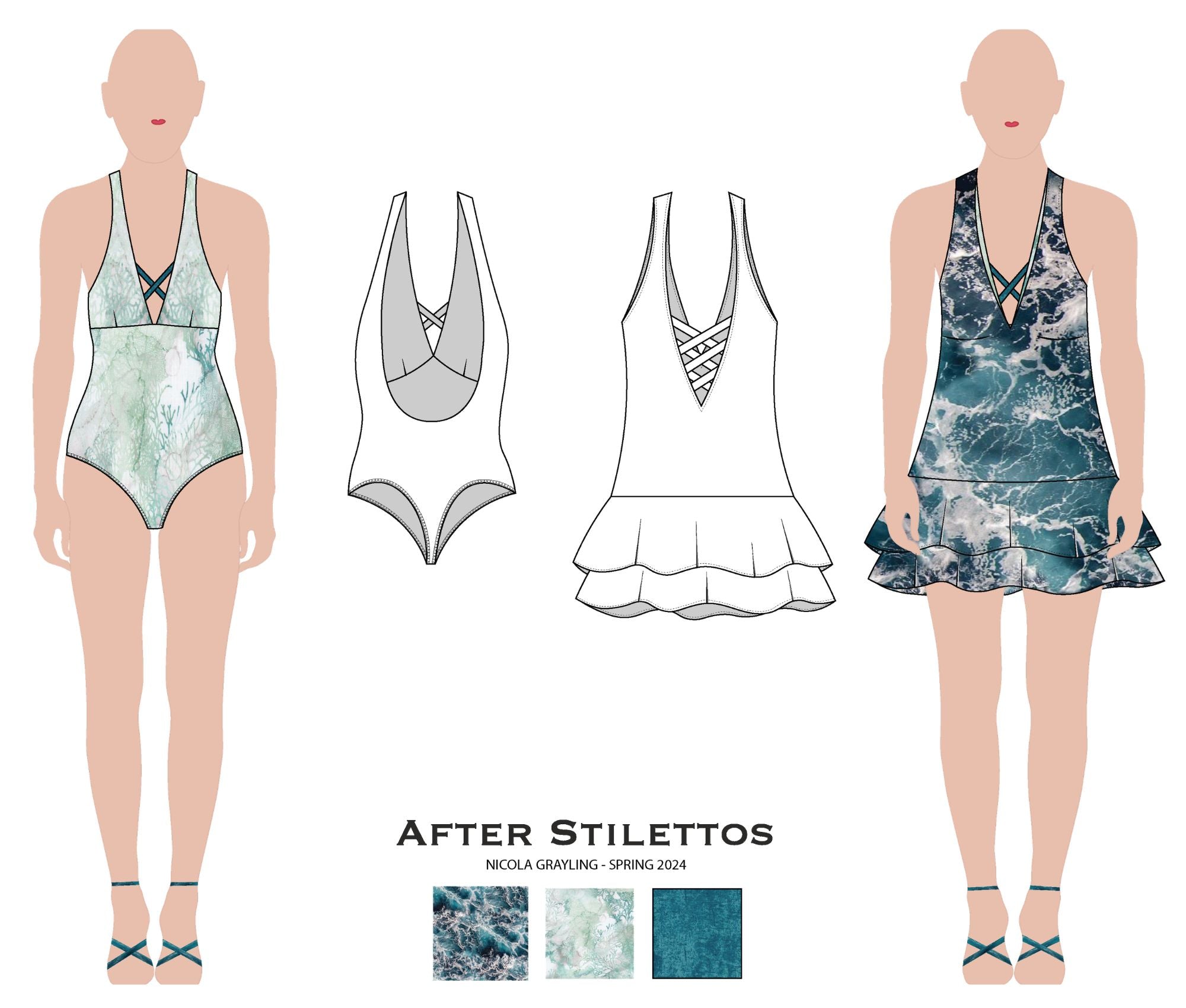 After Stilettos Midnight Tide swim-to-resort design flat illustration showing a sculptural one-piece silhouette with deep tonal contrast and controlled drape with a layered dress and criss cross neckline.
