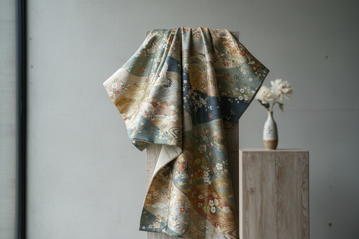 Completed traditional kimono on display showing Japanese craftsmanship and hand-sewn details