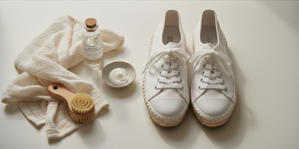White canvas footwear with cleaning cloth and supplies showing thoughtful care and maintenance